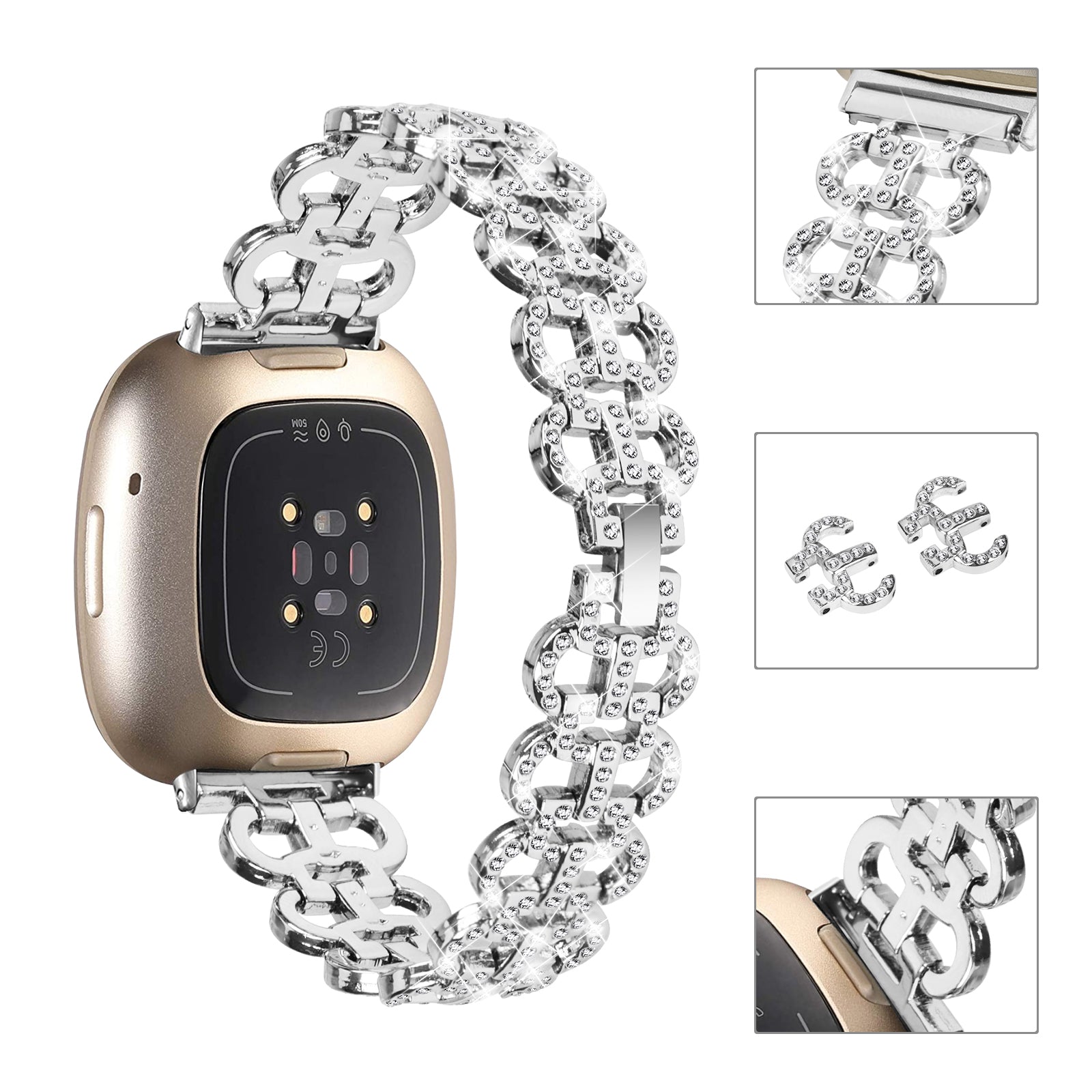 For Fitbit Versa 3 Sense Rhinestones Decor Zinc Alloy Replace Strap Gourd Shape Watch Band For Fitbit Versa 3 Sense Rhinestones Decor Zinc Alloy Replace Strap Gourd Shape Watch Band
